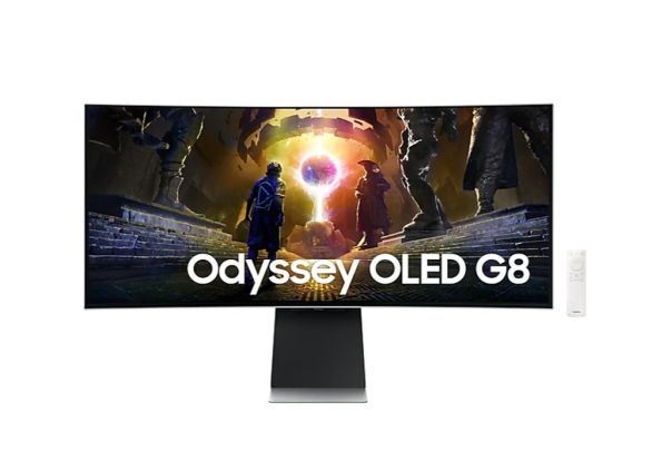 Монитор Samsung LS34DG850, 34'' CURVED Odyssey G8 OLED, 1800R, 175 Hz, 0.1 ms GTG, 21:9, 3440 x 1440, Smart, 2xUSB C, Mini DP, Micro HDMI 2.1, Wi-Fi 5, BT 5.2, Speakers, 178°/178°, Silver