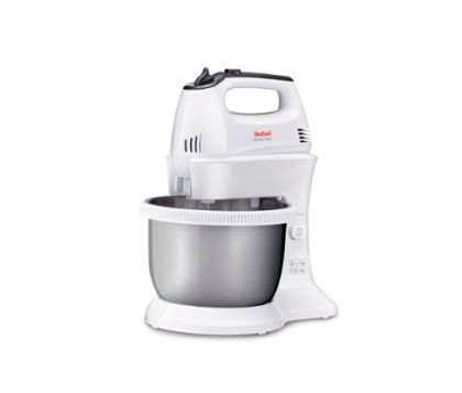 Миксер Tefal HT312138, Quick mix Hand Mixer with bowl, 300 W, 5 Speeds + turbo, 2 Beaters, 2 Dough hooks, automatic rotating bowl, white & inox standbowl