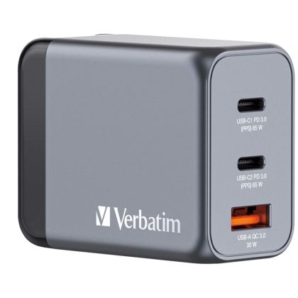 Зарядно устройство Verbatim GNC-65 GaN Charger 3 Port 65W USB A/C (EU/UK/US)