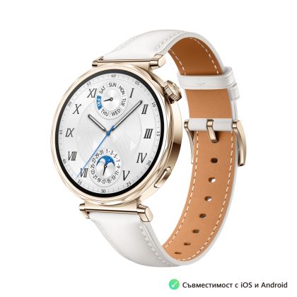 Часовник Huawei Watch GT5 Jana-B19L, 1.32", Amoled 466x466 PPI 352, , BT5.2 BLE/BR/EDR, 5ATM, 524mAh, Screenshot sharing, support message input, message notifications, Battery life up to 7 days, Compatible with iOS and Android devices, White Leather