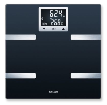 Везна Beurer BF 720 BT diagnostic bathroom scale in black, Weight, body fat, body water, muscle percentage, bone mass, AMR/BMR calorie display; BMI calculation; Black LCD display; white illumination with display of user's initials; Bluetooth; 180 kg / 100