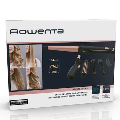 Маша Rowenta CF4231F0 Multi Styler Infinite looks 14 in 1, conical, monotemp, accessories: conical curling wand, 2 in 1 straightening and crimping plates, eliptic waving wand, cool tip, pouch, heating indicator, heat-up time 60s, hanging loop