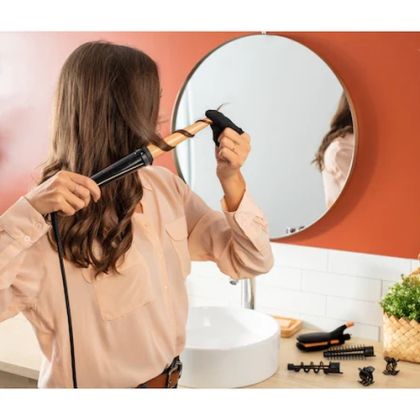 Маша Rowenta CF4231F0 Multi Styler Infinite looks 14 in 1, conical, monotemp, accessories: conical curling wand, 2 in 1 straightening and crimping plates, eliptic waving wand, cool tip, pouch, heating indicator, heat-up time 60s, hanging loop