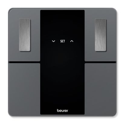 Везна Beurer BF 500 BT diagnostic bathroom scale in black, titanium-coated stainless steel electrodes, extra-large magic display 40mm, Weight, body fat, body water, muscle percentage, bone mass, AMR/BMR calorie display; BMI calculation; Bluetooth; 180 kg 