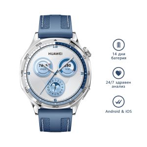 Часовник Huawei Watch GT5  Vili-B19W, 1.43", Amoled 466x466 PPI 326, BT5.2 BLE/BR/EDR, 5ATM, 524mAh, Screenshot sharing, support message input, message notifications, Battery life up to 14 days, Compatible with iOS and Android devices, Blue Woven