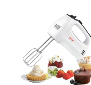 Миксер Tefal HT310138, Hand Mixer, 300W, 5 Speeds + turbo,  2 Beaters, 2 Dough hooks, white/dark grey