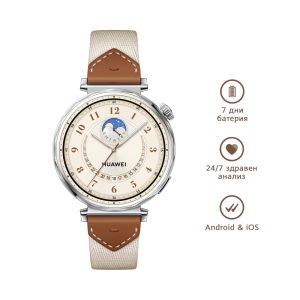 Часовник Huawei Watch GT5 Jana-B19W, 1.32", Amoled 466x466 PPI 352, , BT5.2 BLE/BR/EDR, 5ATM, 524mAh, Screenshot sharing, message notifications, Battery life up to 7 days, Compatible with iOS and Android devices, Brown Woven+Huawei FreeBuds SE 2