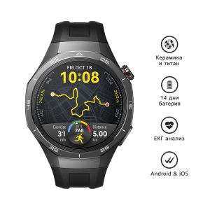 Часовник Huawei Watch GT5 Pro Vili-B29F, 1.43", Amoled, 466x466, PPI 326, BT5.2, BLE/BR/EDR, 524mAh, 40-meter free diving, HUAWEI TruSense System, ECG analysis, Battery life up to 14 days, Compatible with iOS and Android devices, Black Fluoroelastomer