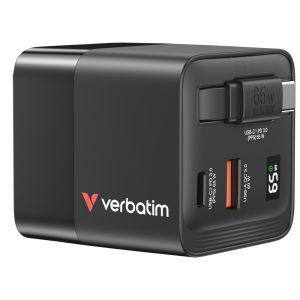 Зарядно устройство Verbatim Mini GaN Charger 65W 2 Port retractable cable display US plugs with EU and UK adaptors