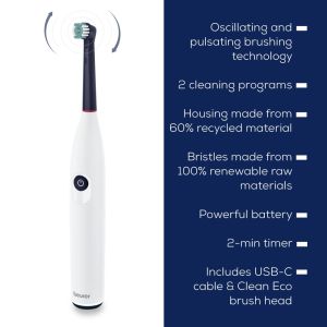 Електрическа четка за зъби Beurer TB 15 Electric toothbrush; 2 cleaning programs; 12days Battery life; 2-min timer; Oscillating, pulsating, brushing technology; Incl. USB-C charging cable and Clean Eco brush head; white