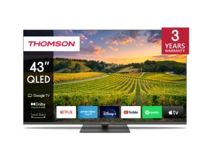 Телевизор Thomson Smart QLED TV 43"; Google TV; 3840 x 2160 (4K UHD), 4000:1, QLED, 60 Hz, DVB-T/T2/C/S/S2, HDR10, Hotel mode, Wi-Fi, Bluetooth, LAN, HDMI 2 (2.0) + 2 (2.1), USB 2 (2.0) + 1 (3.0), Central Swivel Stand, Dark gray