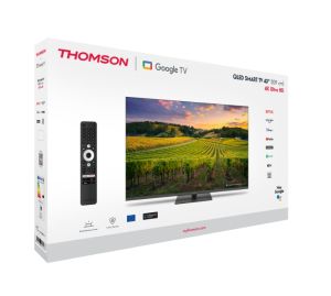 Телевизор Thomson Smart QLED TV 43"; Google TV; 3840 x 2160 (4K UHD), 4000:1, QLED, 60 Hz, DVB-T/T2/C/S/S2, HDR10, Hotel mode, Wi-Fi, Bluetooth, LAN, HDMI 2 (2.0) + 2 (2.1), USB 2 (2.0) + 1 (3.0), Central Swivel Stand, Dark gray