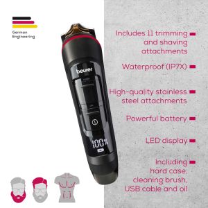 Машинка за подстригване Beurer MN9X body groomer, 11 attachments with 16 cutting lengths for trimming and shaving on the entire body, Waterproof (IPX7),  Quick-charge function, LED display, Incl. practical hard case