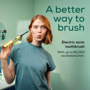 Електрическа четка за зъби Beurer SC 50 splashy lemon Electric Sonic Toothbrush, up to 80,000 mov/min, 5 cleaning programs: Clean, Sensitive, Polish, Gum Care, Whiten, Pressure sensor , 2-min. timer, Incl. 2 toothbrush heads and magnetic charging plate, 2