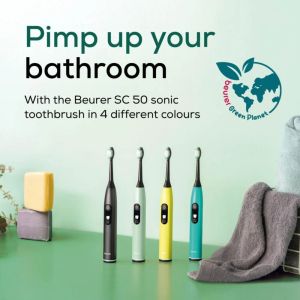 Електрическа четка за зъби Beurer SC 50 splashy lemon Electric Sonic Toothbrush, up to 80,000 mov/min, 5 cleaning programs: Clean, Sensitive, Polish, Gum Care, Whiten, Pressure sensor , 2-min. timer, Incl. 2 toothbrush heads and magnetic charging plate, 2