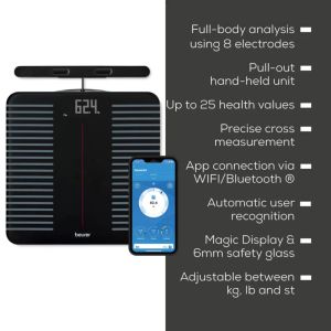Везна Beurer BF 990 WIFI/Bluetooth 8-electrode diagnostic bathroom scale with extendable handpiece for full body analysis; 5 activity levels; 8 user memories; 180 kg