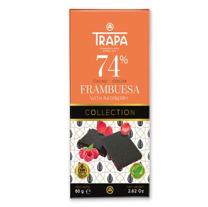 Натурален шоколад Trapa с малини, 74% какао, 80 гр.