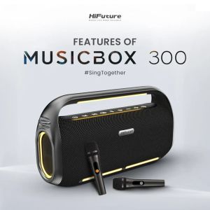 Тонколони HiFuture MusicBox300 Black, 150W Output, Karaoke Enable, Two Wireless Microphone, 18000mAh Battery (Support Power Bank), RGB Lighting, Pair to Play (TWS Mode), Bluetooth 5.3