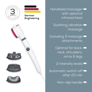 Масажор Beurer MG 44 infrared massager; Soothing vibration massage; Rotating massage head and 3-way adjustable handle; Infrared heat; 3 function levels; 4 interchangeable massage attachments