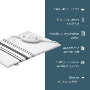 Термоподложка Beurer HK 26 Heat Pad; 3 Illuminated temperature settings; Auto switch-off after 90 min;Cotton cover washable on 40°; BSS;40(L)x30(W) cm; white-grey