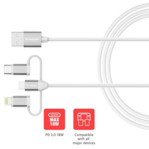Кабел Verbatim Sync & Charge Cable 3-in-1 USB-A to Micro-B/USB-C/Lightning 18W 100cm - White
