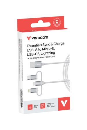 Кабел Verbatim Sync & Charge Cable 3-in-1 USB-A to Micro-B/USB-C/Lightning 18W 100cm - White