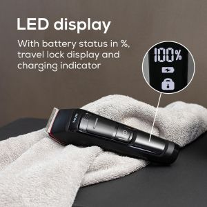 Машинка за подстригване Beurer MN5X hair clipper, 7 Attachments, 6 adjustable cutting lengths and 4-stage fine adjustment, LED display with battery display, Battery and mains operation, travel lock display and charge display, storage bag