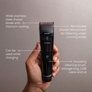 Машинка за подстригване Beurer MN5X hair clipper, 7 Attachments, 6 adjustable cutting lengths and 4-stage fine adjustment, LED display with battery display, Battery and mains operation, travel lock display and charge display, storage bag