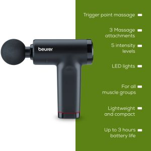 Масажор Beurer MG 89 MASSAGE GUN CompactPower, Quiet, lightweight & handy deep tissue massager, 5 intensity levels, 3 massage attachments, Up to 4h battery life with LED display