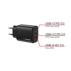 Зарядно устройство Verbatim Essentials GaN Charger 65W EU plug Black