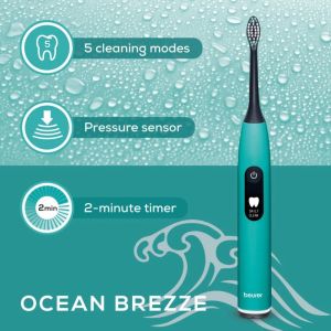 Електрическа четка за зъби Beurer SC 50 ocean breeze Electric Sonic Toothbrush, up to 80,000 mov/min, 5 cleaning programs: Clean, Sensitive, Polish, Gum Care, Whiten, Pressure sensor , 2-min. timer, Incl. 2 toothbrush heads and magnetic charging plate, 22