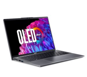 Лаптоп Acer Swift Go SFG14-63-R1DP, AMD Ryzen 7 8845HS (up to 5.1GHz,16MB), 14'' CineCrystal OLED WQ2.8K 90Hz (2880x1800), AMD Radeon Graphics,16GB LPDDR5 onboard, 512GB SSD NVMe, 50Wh, WIFI6E+BT5.3, QHD Cam, MicroSD Reader, Win 11 Home, Backlit KBD, Stee
